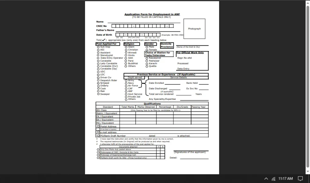 ANF jobs 2025 application form